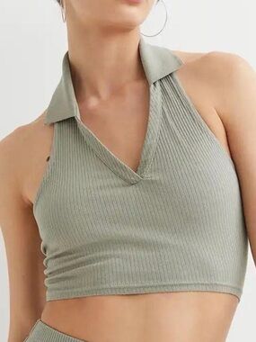 H&M Ribbed Halter Collared Crop Top - Sage Green